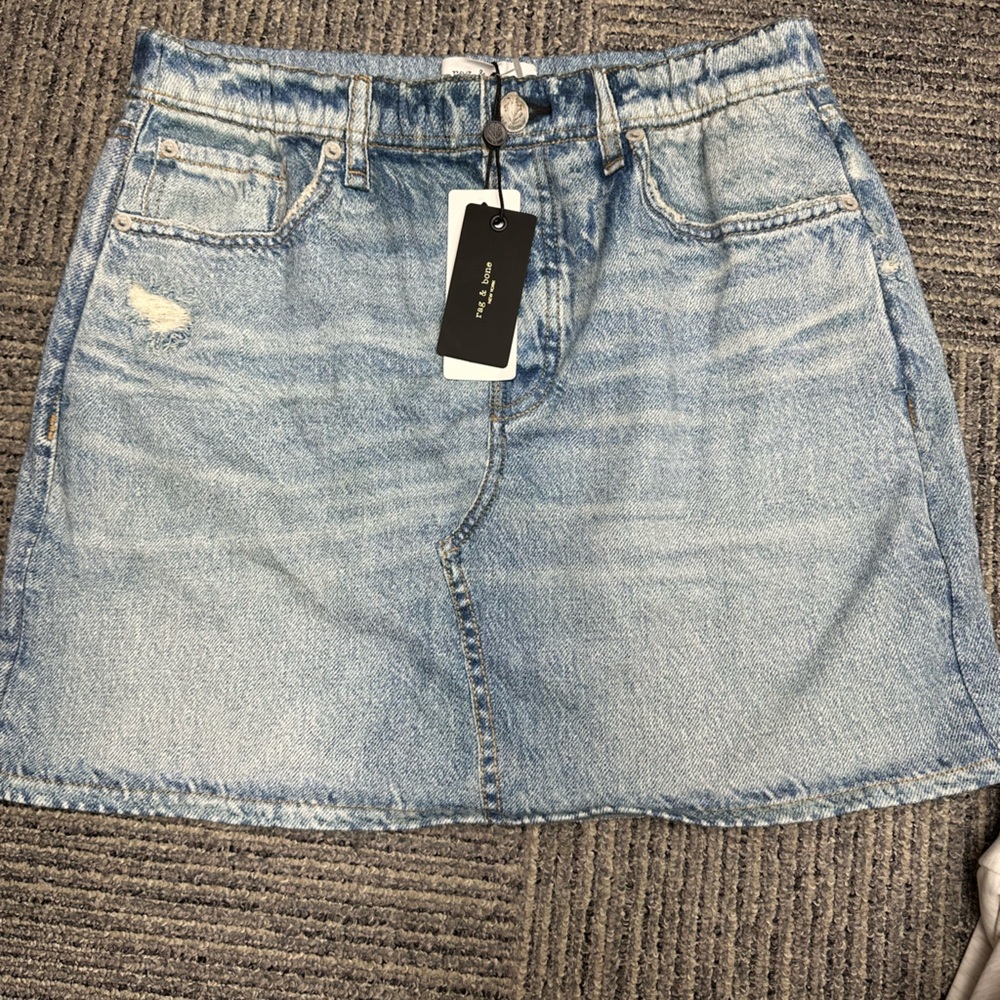 rag and bone Light Blue PRINTED SWEATPANT Denim Mini Skirt